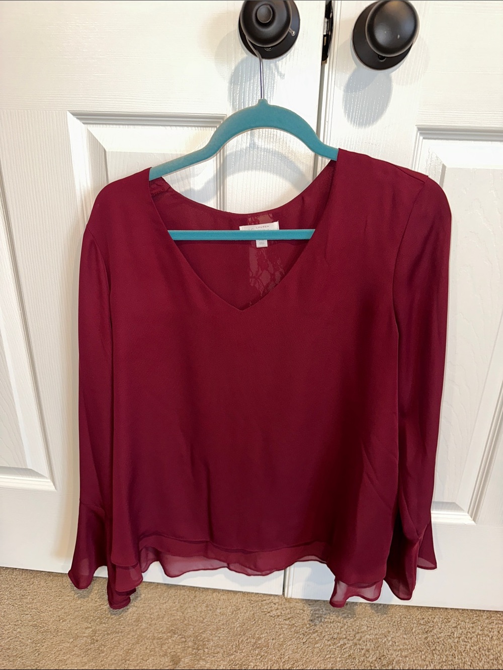 LC Lauren Conrad Burgundy V-Neck Long Sleeve Blouse